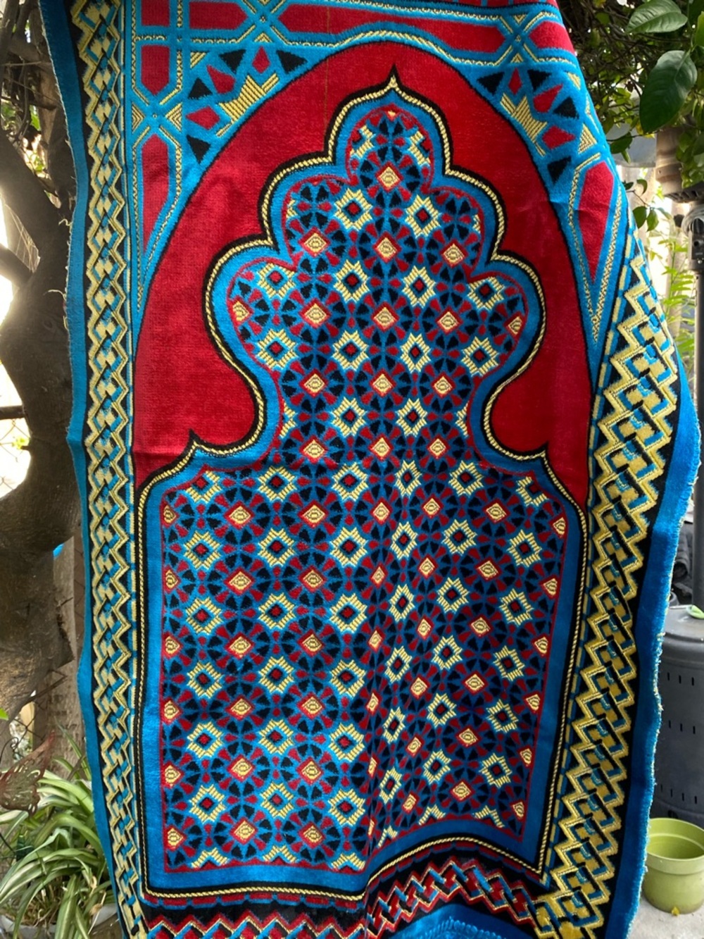 Red and Blue Geometric Plush prayer rug.